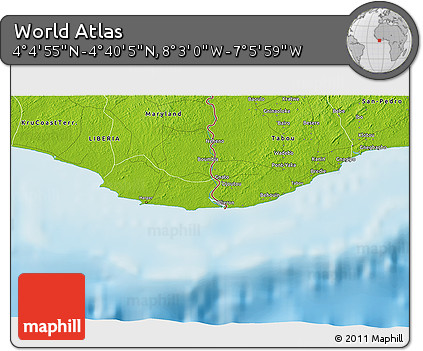 Physical 3D Map of the Area around 4° 22' 30" N, 7° 34' 30" W