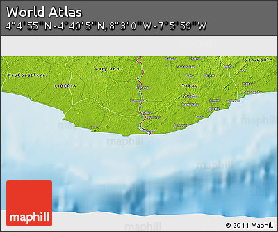 Physical 3D Map of the Area around 4° 22' 30" N, 7° 34' 30" W