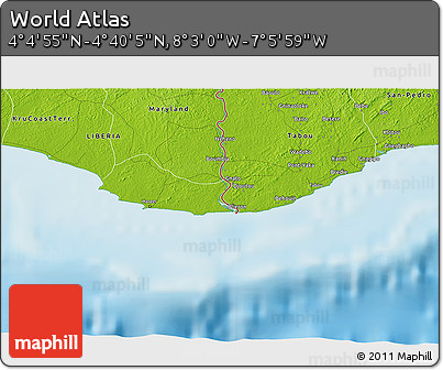Physical 3D Map of the Area around 4° 22' 30" N, 7° 34' 30" W