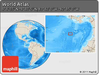 Shaded Relief Location Map of the Area around 4° 22' 30" N, 83° 13' 29" W