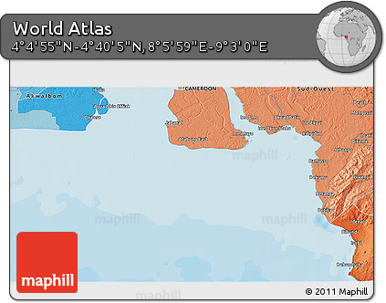 Political 3D Map of the Area around 4° 22' 30" N, 8° 34' 29" E