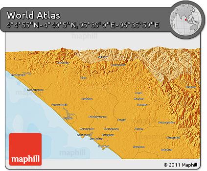 Political 3D Map of the Area around 4° 22' 30" N, 96° 7' 30" E