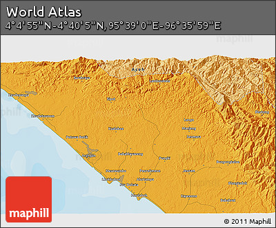 Political 3D Map of the Area around 4° 22' 30" N, 96° 7' 30" E
