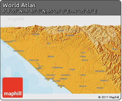 Political 3D Map of the Area around 4° 22' 30" N, 96° 7' 30" E