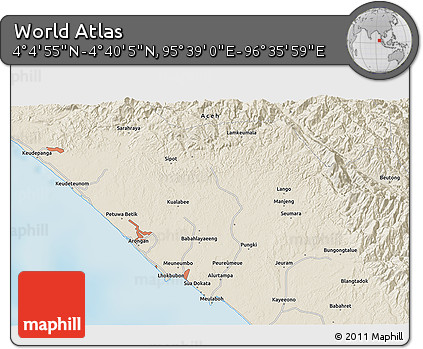 Shaded Relief 3D Map of the Area around 4° 22' 30" N, 96° 7' 30" E