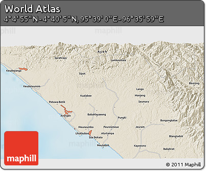 Shaded Relief 3D Map of the Area around 4° 22' 30" N, 96° 7' 30" E