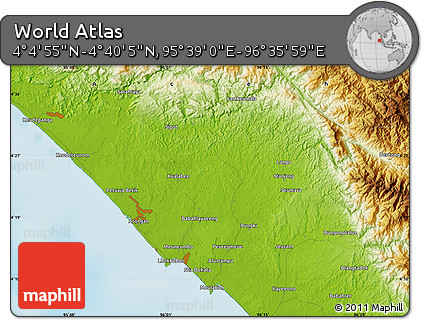 Physical Map of the Area around 4° 22' 30" N, 96° 7' 30" E