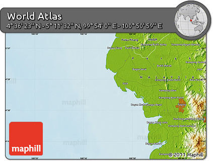 Physical Map of the Area around 4° 53' 57" N, 100° 22' 30" E