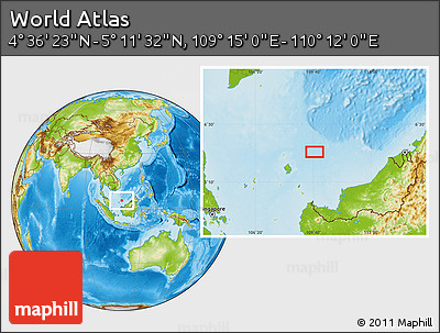 Physical Location Map of the Area around 4° 53' 57" N, 109° 43' 29" E