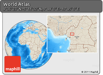 Shaded Relief Location Map of the Area around 4° 53' 57" N, 10° 16' 30" E