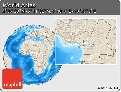 Shaded Relief Location Map of the Area around 4° 53' 57" N, 10° 16' 30" E