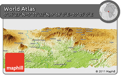 Physical Panoramic Map of the Area around 4° 53' 57" N, 10° 16' 30" E