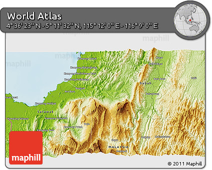 Physical 3D Map of the Area around 4° 53' 57" N, 115° 40' 30" E