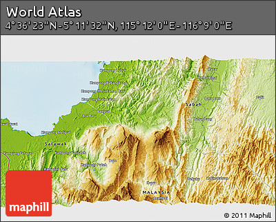 Physical 3D Map of the Area around 4° 53' 57" N, 115° 40' 30" E