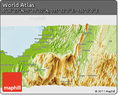 Physical 3D Map of the Area around 4° 53' 57" N, 115° 40' 30" E