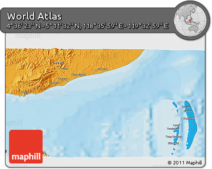 Political 3D Map of the Area around 4° 53' 57" N, 119° 4' 29" E