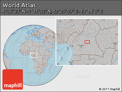 Gray Location Map of the Area around 4° 53' 57" N, 12° 49' 29" E, hill shading