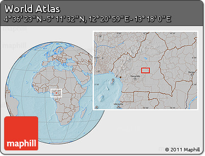 Gray Location Map of the Area around 4° 53' 57" N, 12° 49' 29" E, hill shading