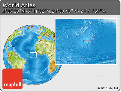 Physical Location Map of the Area around 4° 53' 57" N, 21° 10' 29" W