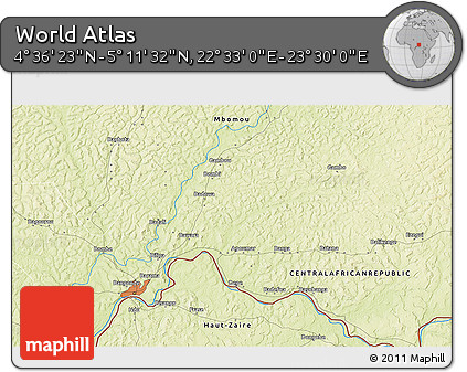 Physical 3D Map of the Area around 4° 53' 57" N, 23° 1' 29" E