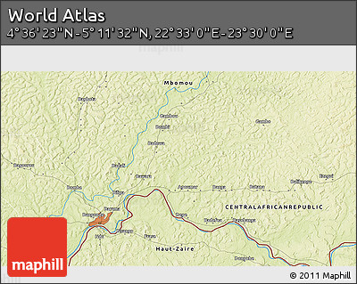 Physical 3D Map of the Area around 4° 53' 57" N, 23° 1' 29" E