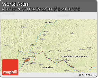Physical 3D Map of the Area around 4° 53' 57" N, 23° 1' 29" E