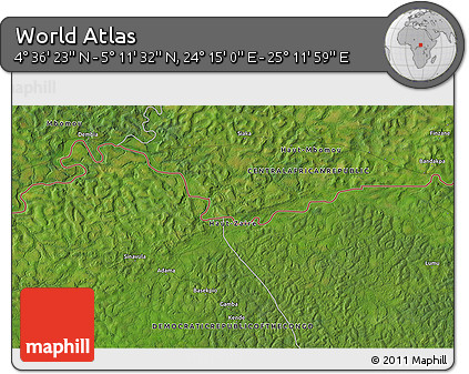 Satellite 3D Map of the Area around 4° 53' 57" N, 24° 43' 30" E