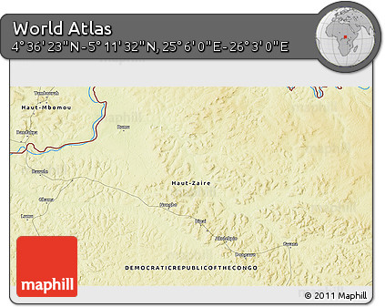 Physical 3D Map of the Area around 4° 53' 57" N, 25° 34' 30" E