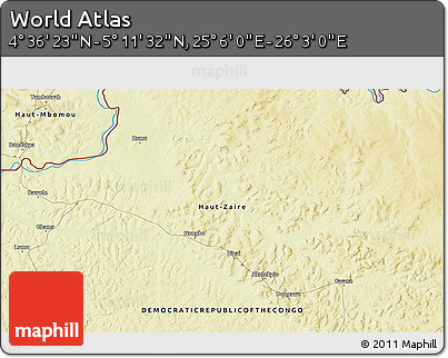 Physical 3D Map of the Area around 4° 53' 57" N, 25° 34' 30" E