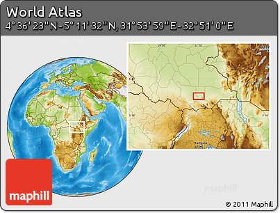 Physical Location Map of the Area around 4° 53' 57" N, 32° 22' 30" E