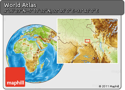 Physical Location Map of the Area around 4° 53' 57" N, 33° 13' 30" E