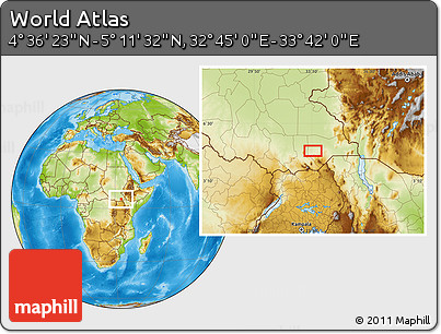 Physical Location Map of the Area around 4° 53' 57" N, 33° 13' 30" E