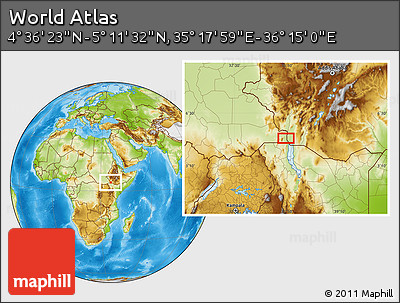 Physical Location Map of the Area around 4° 53' 57" N, 35° 46' 29" E