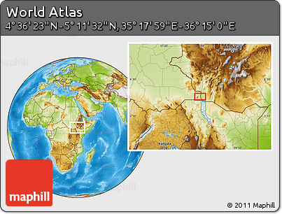 Physical Location Map of the Area around 4° 53' 57" N, 35° 46' 29" E