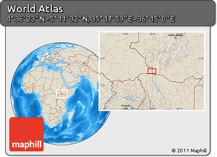 Shaded Relief Location Map of the Area around 4° 53' 57" N, 35° 46' 29" E