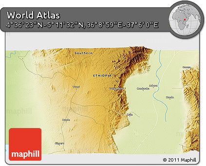 Physical 3D Map of the Area around 4° 53' 57" N, 36° 37' 30" E