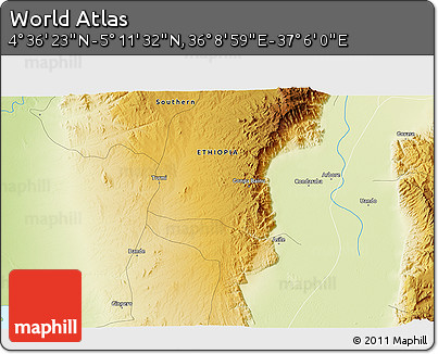 Physical 3D Map of the Area around 4° 53' 57" N, 36° 37' 30" E