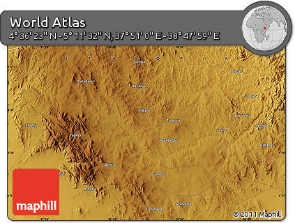 Physical Map of the Area around 4° 53' 57" N, 38° 19' 30" E