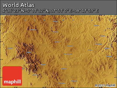 Physical Map of the Area around 4° 53' 57" N, 38° 19' 30" E