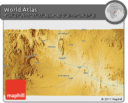 Physical 3D Map of the Area around 4° 53' 57" N, 39° 10' 29" E