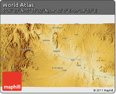 Physical 3D Map of the Area around 4° 53' 57" N, 39° 10' 29" E