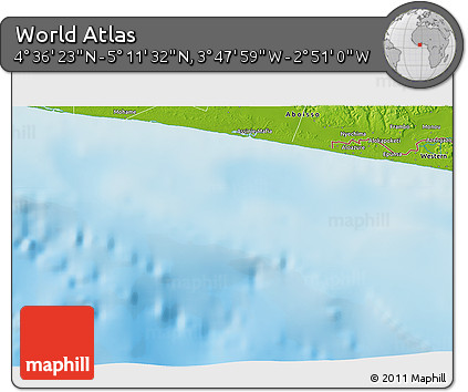 Physical 3D Map of the Area around 4° 53' 57" N, 3° 19' 30" W