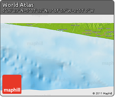Physical 3D Map of the Area around 4° 53' 57" N, 3° 19' 30" W