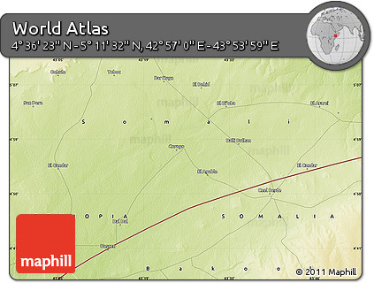 Physical Map of the Area around 4° 53' 57" N, 43° 25' 29" E