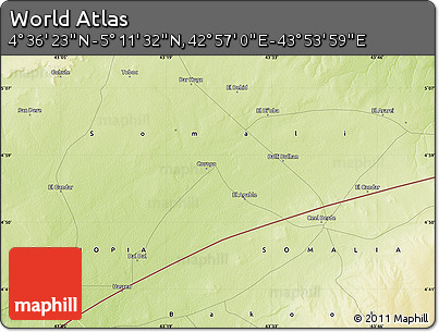 Physical Map of the Area around 4° 53' 57" N, 43° 25' 29" E