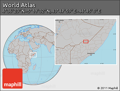 Gray Location Map of the Area around 4° 53' 57" N, 44° 16' 29" E