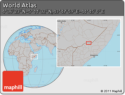 Gray Location Map of the Area around 4° 53' 57" N, 44° 16' 29" E