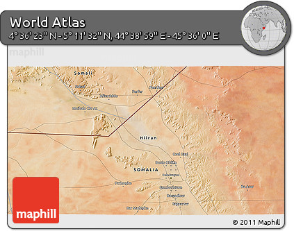 Satellite 3D Map of the Area around 4° 53' 57" N, 45° 7' 30" E