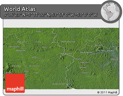 Satellite 3D Map of the Area around 4° 53' 57" N, 53° 28' 30" W