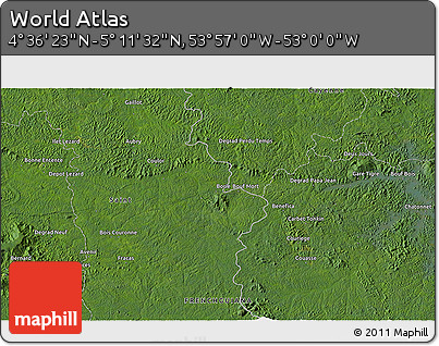 Satellite 3D Map of the Area around 4° 53' 57" N, 53° 28' 30" W